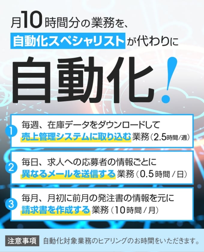 月10時間分の業務を自動化スペシャリストが代わりに自動化!